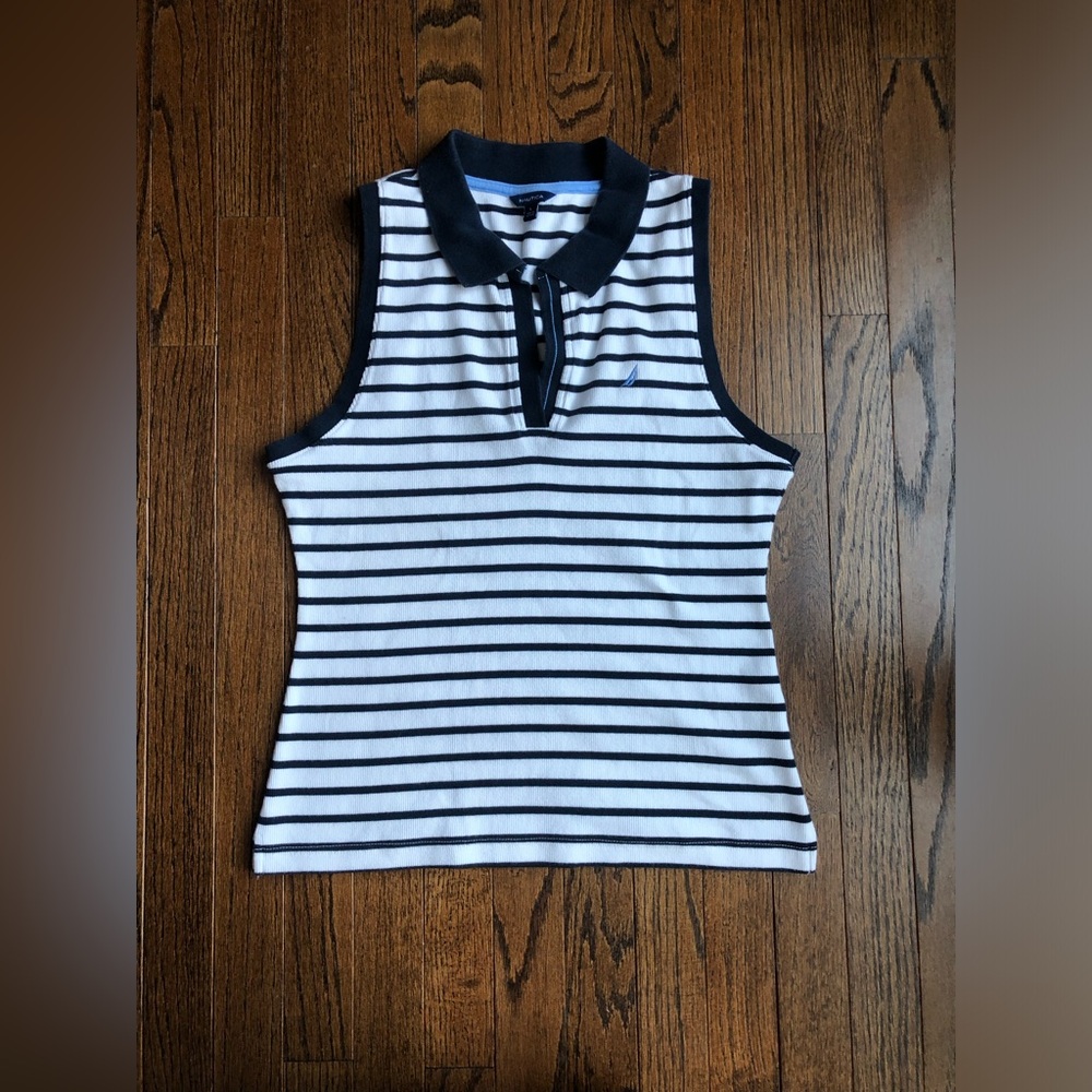 Nautica Women’s L Navy Blue/White Striped Ribbed Collared Sleeveless V-Neck Top